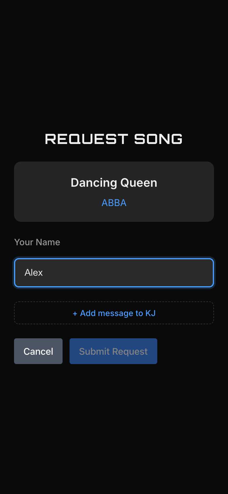 Screenshot: Song Request Form — Display Name & Submit