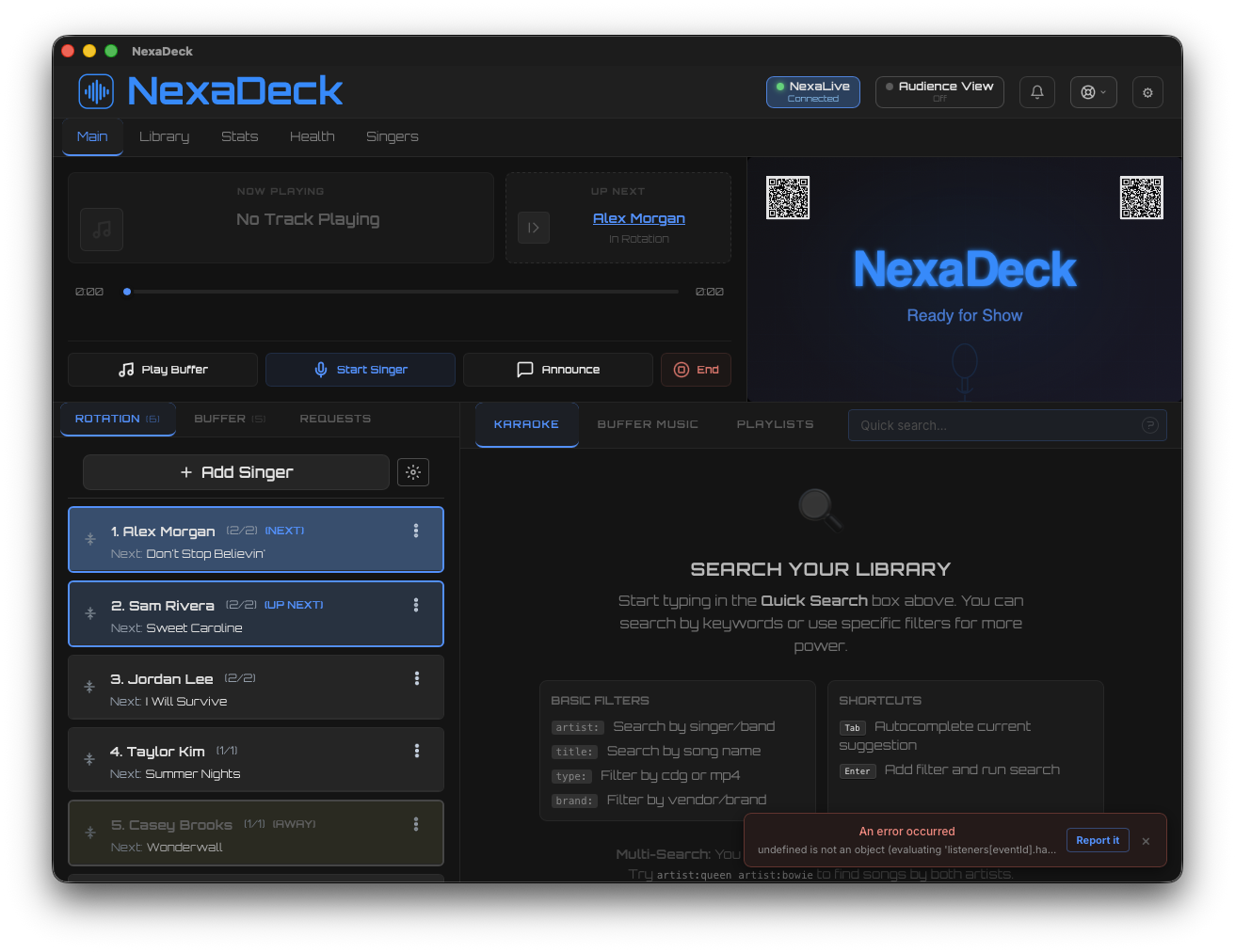 NexaDeck Performance Mode — singer rotation queue with show controls