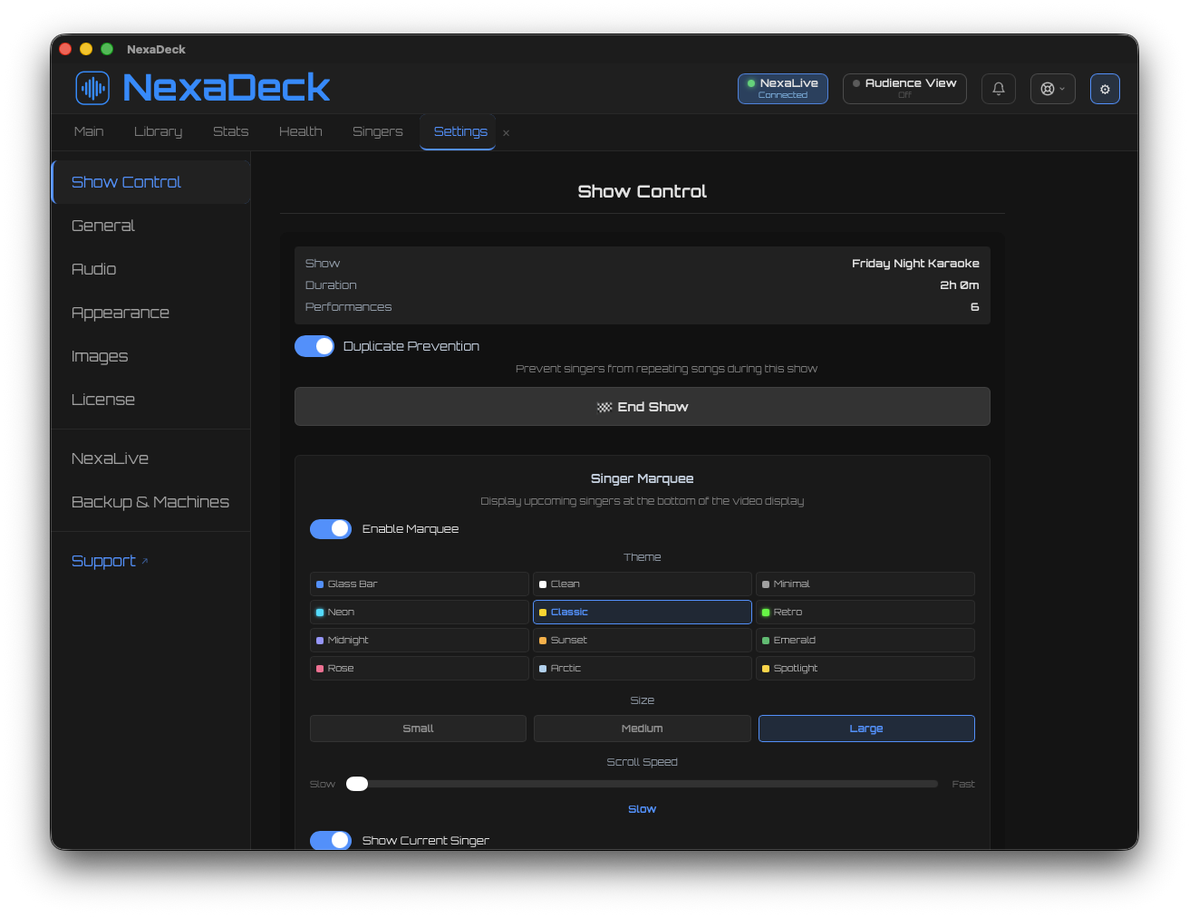 NexaDeck Settings — show control with NexaLive connected