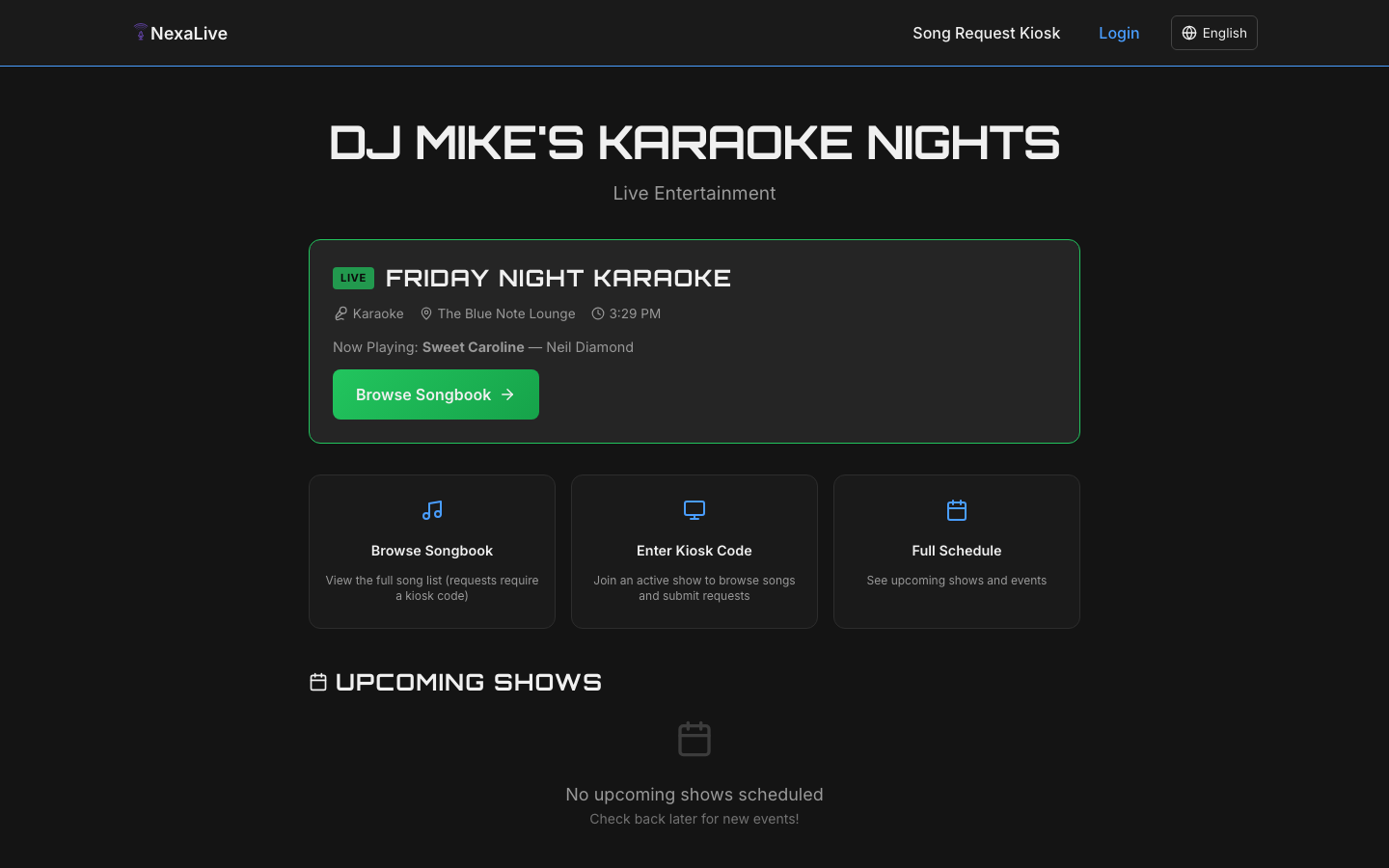 NexaLive DJ Hub — live show with venue info and songbook access